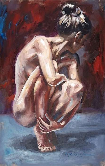 Shy Nude, oil painting by Danie Cronje on canvas roll, unframed
